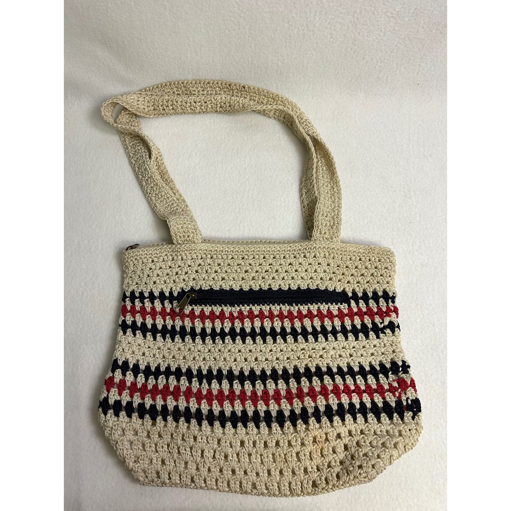 Boho Nautical Croft & Barrow Womens Medium Beige Crochet Striped Shoulder Bag